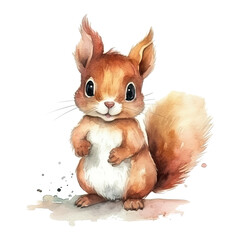 Watercolor little squirrel isolated on transparent background. Generative AI