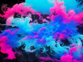 Obraz na płótnie Canvas Color smoke. Ink water. Paint drop. Fantasy underwater burst. Blue pink contrast fluid splash cloud on dark black abstract art background, Ai Generative