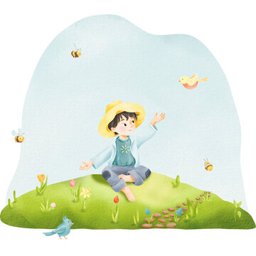 Composition for a postcard: asian brunette boy in jeans and straw hat sits on a flower meadow feeding a bird. Cute bees are flying around. The blue bird, summer. Digital cartoon watercolor hand drawn