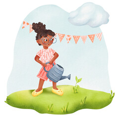 Cartoon funny cute illustration. Little African American girl watering from a metal watering can sprout. Teen in glasses, summer clothes. Interesting composition. Isolated digital watercolor.