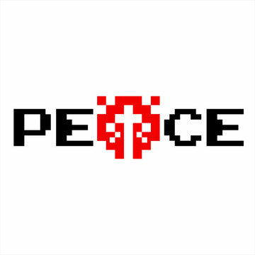 Illustration design of word " Peace " in pixel style with concept of heart and cross on letter A.