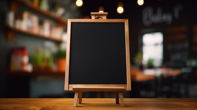 Blank menu board on wooden top table with blurred of coffee shop background. Generative Ai