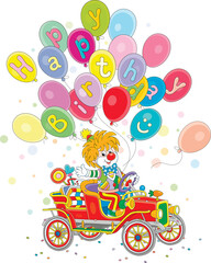 Obraz na płótnie Canvas Happy birthday card with a funny circus clown friendly smiling and waving in greeting in a toy retro car and colorful holiday balloons flying around, vector cartoon illustration on white