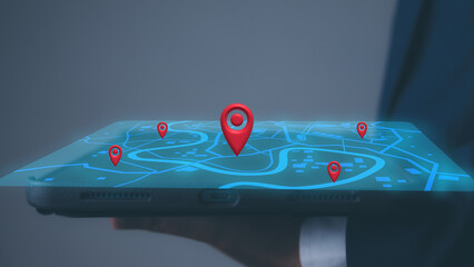 Location point, icon maps and find places in the online system, Businessman using digital tablet of...