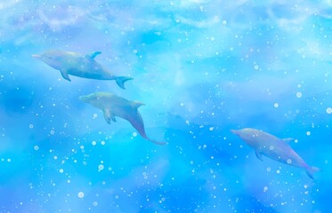 海の中を３匹のイルカが泳ぐ静かな情景。水彩タッチの美しいイラスト。