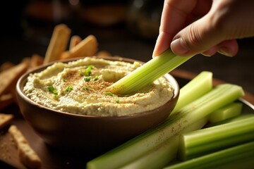 Close up shot of hand dipping celery into fresh hummus, Generative AI