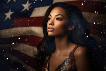 Young African American woman posing over United Sates flag, Generative AI