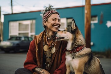 Cheerful hippie young woman hugging her dog in the street, Generative AI