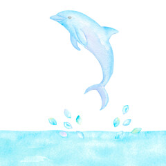 水しぶきをあげてジャンプするかわいいイルカの水彩イラスト。
