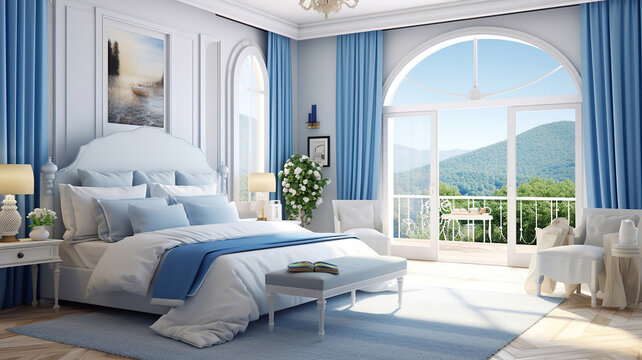 White and blue interior of classic style elegant resort apartment for summer vacation concept. Generative Ai
