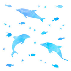 イルカと魚のマリンカラーシルエット。夏向けの素材セット。