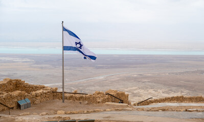 Isreali Flag at Masada National Park Judaean Desert, Southern Di