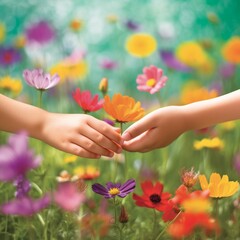 a pair of childrens hands holding brightly colored flower created with Generative AI technology
