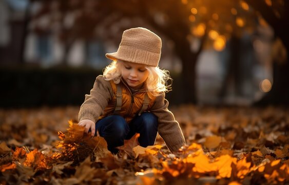 Child playing with fallen leaves in the park during autumn, Generative AI