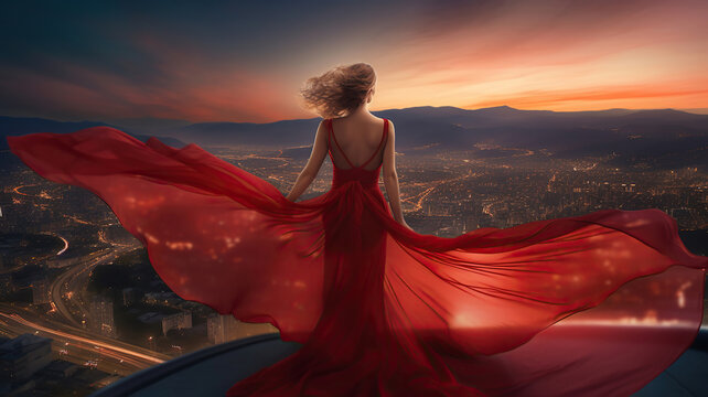 Fashion Woman in Red fluttering Dress Back Side Rear View. Glamour Model dancing with Long Silk Fabric flying on Wind over Night Sky City Light Landscape. Generative Ai