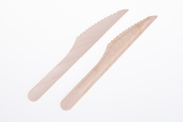 two wood tableware wooden knife on white background