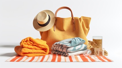 Beach bag and towel with sunbathing accessories on white background. Generative Ai