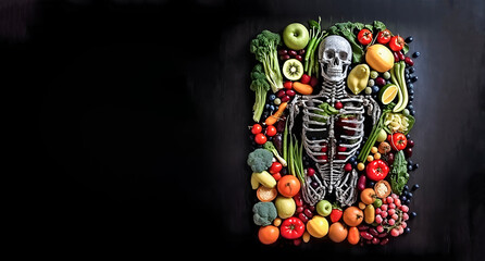 The human skeleton with various fruits and vegetables around, health concept, on dark background, AI generated