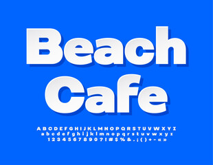 Vector advertising banner Beach Cafe. White sticker Font. Trendy bright Alphabet Letters and Numbers. 