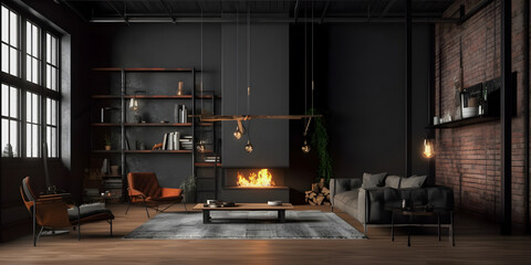 Fototapeta na wymiar Dark living room loft with fireplace, industrial style. AI generated
