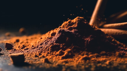 Cinnamon powder on a blurred background, generative AI.