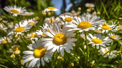 Obraz premium Green grass and chamomiles in the nature. Generative Ai