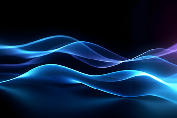 blue neon glowing abstract futuristic background with high speed moving wave lines in the black background. Generative ai.