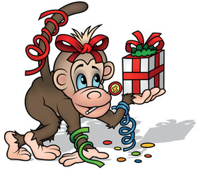 Young Brown Monkey Girl with a Gift in her Hand at a Celebration