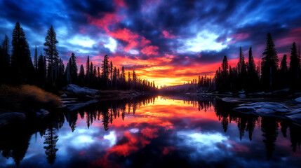 Fototapeta na wymiar Sunset Canvas: A Kaleidoscope of Colors Paint the Forest Lake