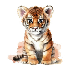 Watercolor little tiger isolated on transparent background. Generative AI