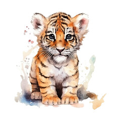 Watercolor little tiger isolated on transparent background. Generative AI