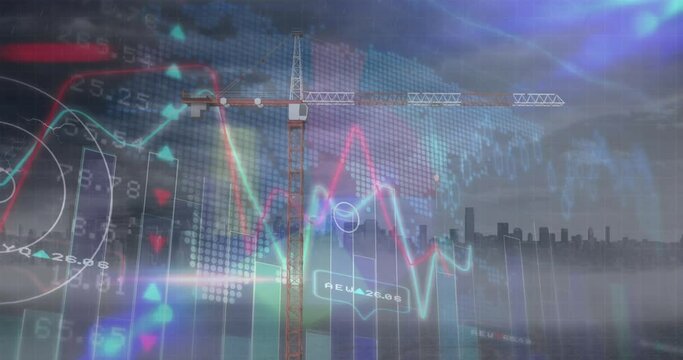 Animation of statistical and stock market data processing against construction site and cityscape