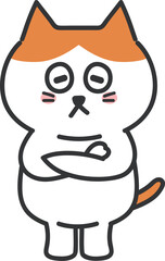 Orange tabby cartoon cat thinking something with folding arms, vector illustration.