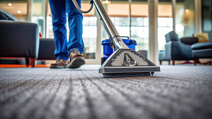 Professional Carpet Cleaning Service. Janitor Using Vacuum Cleaner. Generative Ai