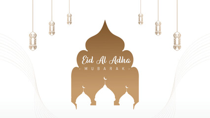 Islamic theme banner poster background design for Eid al-Adha celebration with mosque decoration and lights