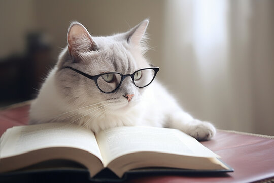 Smart cat with reading glasses and book. Generative AI illustration