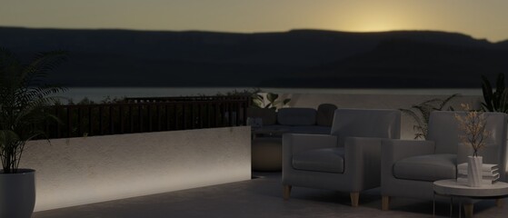 Exterior design of an outdoor relaxation space or hotel lounge at night