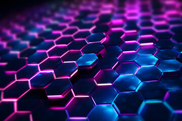 pink blue neon glowing abstract futuristic background with honeycomb shape in the black background with little bokeh light in the black background. Generative ai.