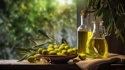 Olive oil and olive branch on the wooden table. Generative Ai - obrazy, fototapety, plakaty