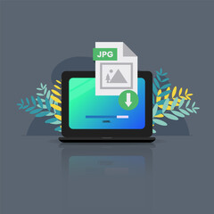 Download JPG file on laptop screen. Downloading file with JPG label concept vector illustration