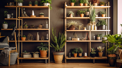 wooden shelves in a living room with plants and other. Generative Ai