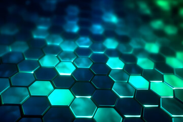green blue neon glowing abstract futuristic background with honeycomb shape in the black background with little bokeh light in the black background. Generative ai.