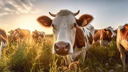 Herd of cows in a green meadow below a blue sky in sunlight in spring. Generative Ai