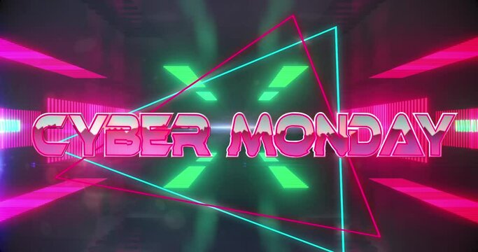 Animation Of Cyber Monday Text Banner Against Neon Tunnel In Seamless Pattern