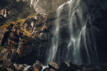 breathtaking waterfall cascading down a rocky cliff. Generative AI - obrazy, fototapety, plakaty