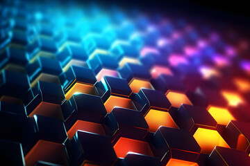 Obraz premium vibrant neon glowing abstract futuristic background with honeycomb shape in the black background with little bokeh light in the black background. Generative ai.
