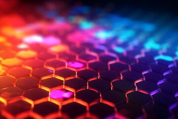 Fototapeta premium vibrant neon glowing abstract futuristic background with honeycomb shape in the black background with little bokeh light in the black background. Generative ai.