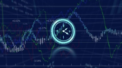 Animation of neon ticking clock over financial and stock market data processing on blue background - Powered by Adobe