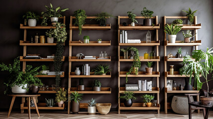 wooden shelves in a living room with plants and other. Generative Ai