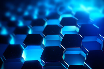 blue neon glowing abstract futuristic background with honeycomb shape in the black background with little bokeh light in the black background. Generative ai.